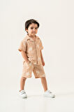 2'li Erkek Çocuk Kahve Rengi Desenli Keten Şortlu Takım