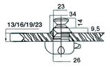38.36.180 kilit için buton & halka. Delik Ø 26mm Panel Kalınlığı 19 mm Sarı 