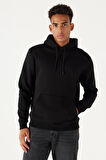 Erkek Siyah Standart Fit Normal Kesim Içi Polarlı 3 Iplik Kapüşonlu Pamuklu Sweatshirt