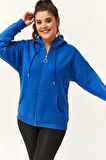 Kadın Büyük Beden Şardonlu Fermuarlı Kalın Mavi Sweatshirt