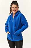 Kadın Büyük Beden Şardonlu Fermuarlı Kalın Mavi Sweatshirt