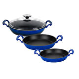 Cam Kapaklı 3'li Mavi Sahan Seti (16 Cm - 20 Cm-24cm)