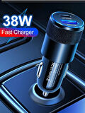 Araç Seyahat Cep Telefonu Şarjı Oto Çakmaklık Şarj Cihazı Type-C Usb Girişli Araba Şarz Aleti 38W