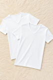 Erkek %100 Pamuklu V Yaka Kısa Kollu 2 Adet Beyaz T-Shirt LL.IL10.KE12.001