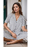 Kadın Ev Giyim Kısa Kollu Gri & Beyaz Çizgili Pijama Takımı A1.L01.IS.00.SA003