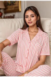 Kadın Ev Giyim Kısa Kollu Regular Pembe Çizgili Pijama Takımı A1.L01.IS.00.SA004