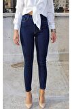 Layla Koyu Mavi Yüksel Bel Dar Paça Skinny Likralı Kot Pantalon