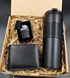Siyah French Pressli Çelik Termos & Erkek Cüzdan & Zippo Çakmak