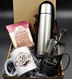 Deri Çantalı 500ml. Exclusive Çelik Termos & French Press & Tasarım Kupa & Colombian Kahve Hediye Seti