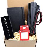 Çantalı 500 ml Siyah Çelik Termos & Siyah Defter & Parlak Füme Roller Kalem & Fotoğraf Çerçevesi Hediye Seti