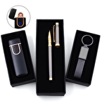 Füme Dolma Kalem & Siyah Rose Usb Şarjlı ve Dokunmatik Çakmak & Siyah Anahtarlık Hediye Seti