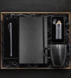 Dokunmatik Siyah Şarjlı USB Çakmak & Roller Kalem & Siyah Defter & Siyah Kupa Premium Hediye Seti