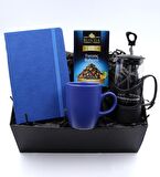 Mavi Defter & Mavi Kupa & Siyah French Press & Turunç Bahçesi Bitki Çayı Hediye Seti 