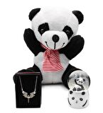 Tatlı Peluş Panda & Işıklı Mini Panda Kar Küresi & Mikail Melek Kolye Hediye Seti