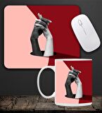 Baskılı Kupa & Kırmızı Ve Pembe Renk El Ele Tutuşan Motifli Mouse Pad 23x19cm Fare Altlığı Kaydırmaz Taban De588 Ofis Hediyesi