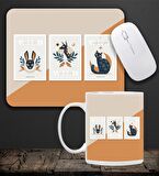 Baskılı Kupa & Bej Ve Turuncu Renk Geyik Ve Kedi Motifli Mouse Pad 23x19cm Fare Altlığı Kaydırmaz Taban De591 Ofis Hediyesi