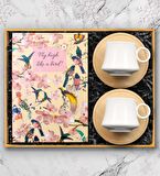 Kuş Motifli Defter & 2'li Bambu Altlıklı Beyaz Türk Kahve Fincanı Hediye Seti