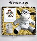 Özür Hediye Seti ( Eşeklik Ettim Özür Dilerim Baskılı Peluş Eşek & Çerçeve & Beyaz Melek Mini Kar Küresi)