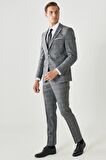 Erkek Gri Ekstra Slim Fit Dar Kesim Mono Yaka Kareli Takım Elbise