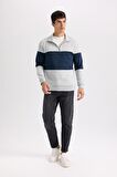 DeFacto Comfort Regular Fit Rahat Kalıp Dik Yaka Fermuarlı Çizgili Kalın Sweatshirt D2401AX24AUGR389