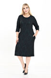 Çift Cepli Desenli Esnek Kışlık Büyük Beden Midi Elbise 9F-2719