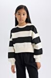 DeFacto Kız Çocuk 2'li Takım Çizgili Bisiklet Yaka Sweatshirt Beli Lastikli Jogger Eşofman Altı D4091A824WNBK26