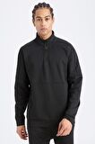 DeFactoFit Standart Fit Dik Yaka Fermuarlı Skuba Dalgıç Kumaş Sporcu Sweatshirt D7305AX25SPBK81