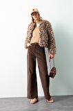 Regular Fit Leopar Desenli Suni Kürk Ceket Mont