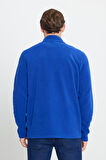 Erkek Saks Mavi Standart Fit Normal Kesim Fermuarlı Bato Yaka Isı Koruyan Polar Sweatshirt