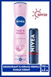 NIVEA Kadın Sprey Deodorant Pearl & Beauty 150ml ve Kırmızı Renkli Nemlendirici Dudak Bakım Kremi, SPF30, Cüzdan Hediye