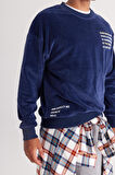 Erkek Lacivert Loose Fit Içi Polarlı 3 Iplik Bisiklet Yaka Uzun Kollu Sweatshirt