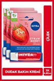 Nivea Dudak Bakım Kremi Ve Dudak Parlatıcı 4.8gr, Çilek Kokusu, 24 Saat Nem, Hafif Kırmızı Işıltı, X3 Adet