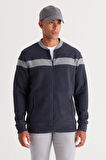 Erkek Indigo Melanj Oversize Fit Bol Kesim Içi Polarlı 3 Iplik Kolej Yaka Pamuklu Sweatshirt Ceket