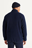 Erkek Lacivert Anti-pilling Tüylenme Yapmayan Standart Fit Bato Yaka Sweatshirt Polar Ceket