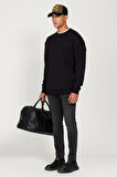 Erkek Siyah Oversize Bol Kesim 3 Iplik Bisiklet Yaka Pamuklu Sweatshirt