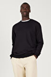 Erkek Siyah Standart Fit Normal Kesim Bisiklet Yaka 3 Iplik Pamuklu Sweatshirt