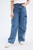 Kız Çocuk Wide Leg Kargo Geniş Bol Paça Pamuklu Jean Pantolon