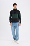 DeFacto Comfort Regular Fit Rahat Kalıp Dik Yaka Fermuarlı Çizgili Kalın Sweatshirt D2401AX24AUBK34