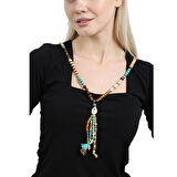 El Yapımı Etnik Ahşap Kombinli Turkuaz Renk Geçişli Deniz Kabuğu Detaylı Otantik Kolye