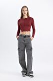 DeFacto Coool Fitted Bisiklet Yaka Basic Düz Crop Uzun Kollu Tişört C4469AX24SPBR182