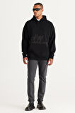 Erkek Siyah Oversize Fit Bol Kesim Kapüşonlu Içi Polarlı 3 Iplik Baskılı Sweatshirt