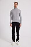 Slim Fit Gri Fitilli Pamuk Karışımlı Boğazlı Triko Kazak 5HF06ORT63100