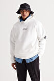 Erkek Beyaz Oversize Fit Bol Kesim Kapüşonlu Içi Polarlı 3 Iplik Pamuklu Sweatshirt