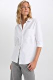 DeFacto Oversize Geniş Kalıp Cepli Basic Düz Poplin Uzun Kollu Beyaz Gömlek D3129AX24AUWT34