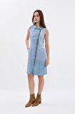 Kadın Açık Mavi Fermuarlı Jean Elbise