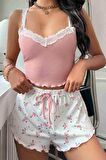 Merry See Çiçek Desenli Dantel Askılı Şortlu Pijama Takımı Çok Renkli