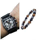 Reward Siyah Renk Deri Kordon Fonksiyonları Aktif Kare Kadran Erkek Kol Saati + Bileklik