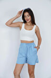 Kadın Bebe Mavi Beli Lastikli Keten Şort