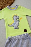 3-6 6-9 9-12 Ay Minik Dino Nakışlı Şapkalı Uzun Kollu Sweat 3lü Kız-erkek Bebek Takımı