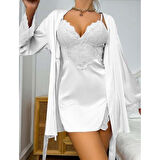 MARSiLYAN- Dantel İşlemeli İnce Askılı Beyaz 2'li Saten Gecelik Sabahlık Takımı